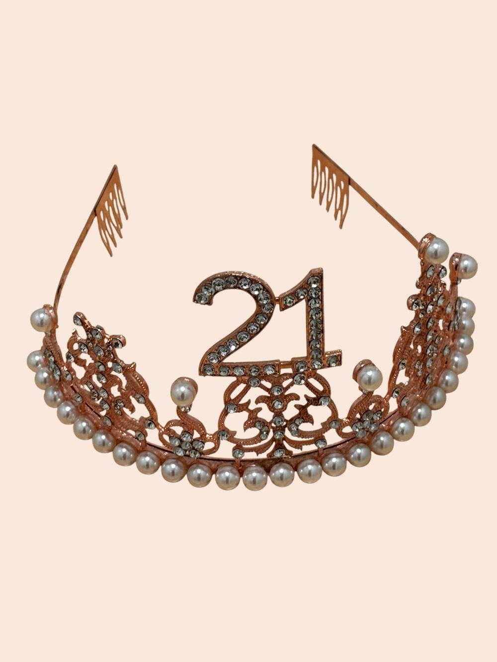 21st Birthday Party Tiara Crown, Rose Gold/White Pearl Metal, Women